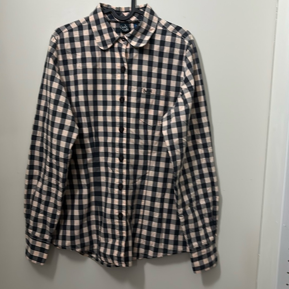 Cruel Girl LG Shirt Womens Black Peach Plaid Button Cotton Fitted Casual